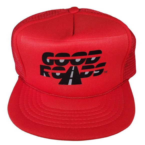 80s Vintage GOOD ROADS Hat Snapback Trucker Cap USA Red‎ Mesh Foam Street Race - Picture 1 of 12